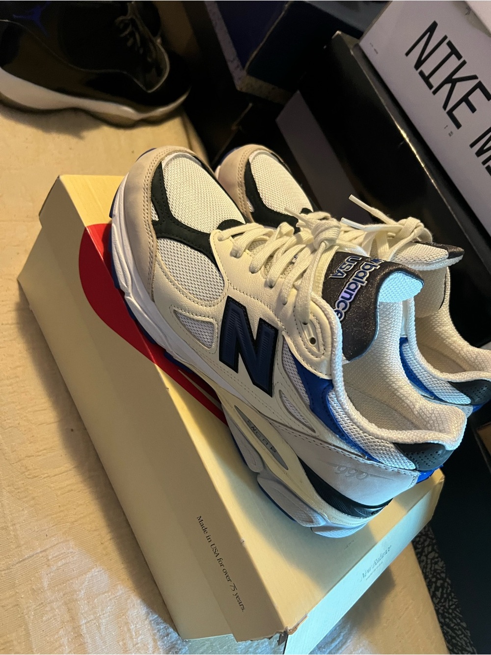 New Balance Teddy Santis 990v3 White and Blue Athletic Sneakers